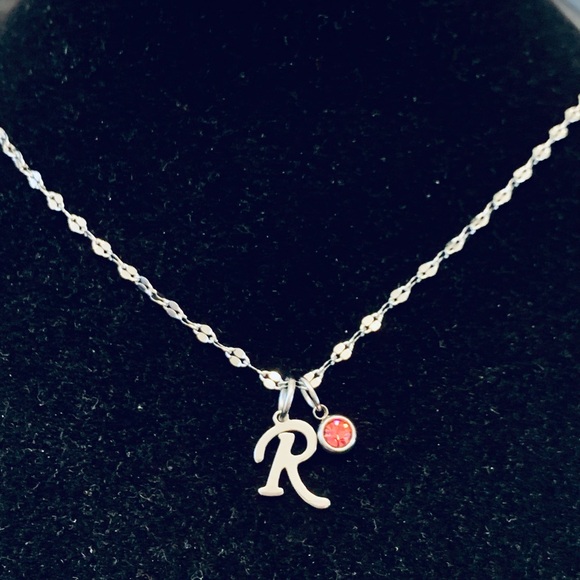 Letter Initial (cursive font) chain necklace with birthstone charm - Picture 4 of 7